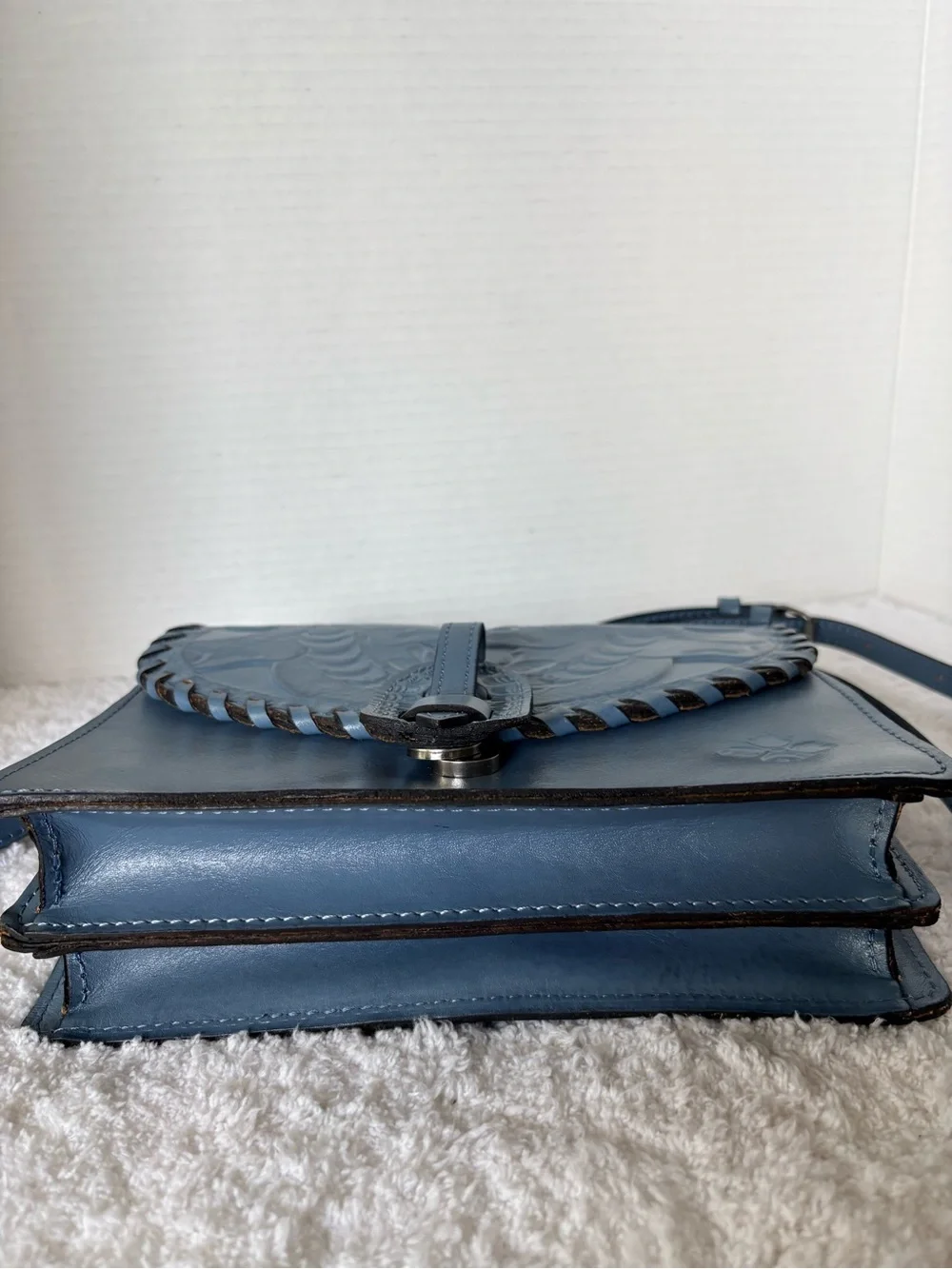 Patricia Nash Lanza Tooled Leather Crossbody Bag Blue Floral Whipstitch